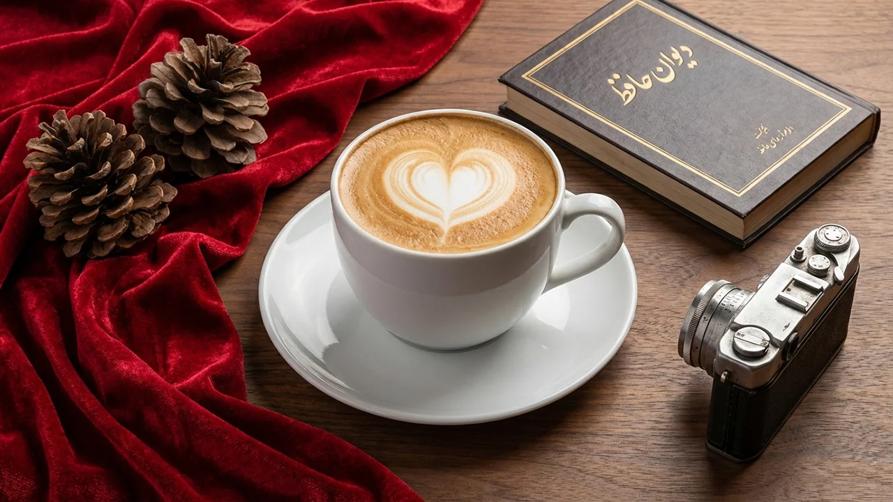 کاپوچینو با لاته آرت قلب بر روی میز چوبی