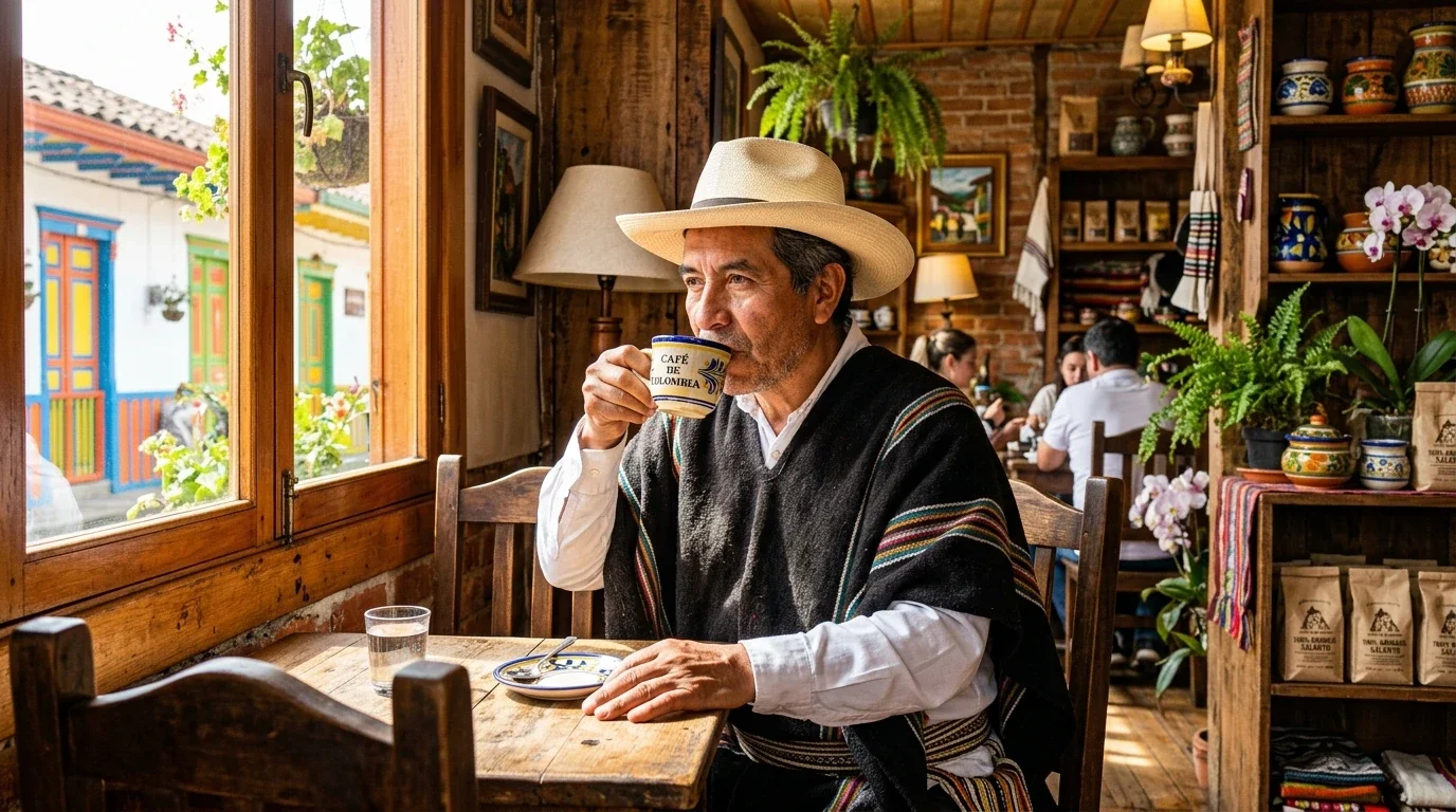 A man in traditional clothing in a café in Colombia