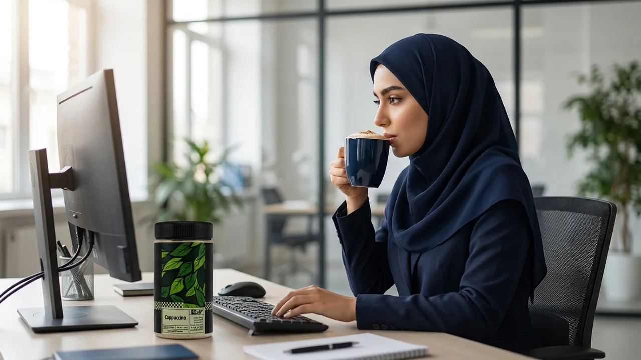 خوردن کاپوچینو گادفی با ماگ مشکی